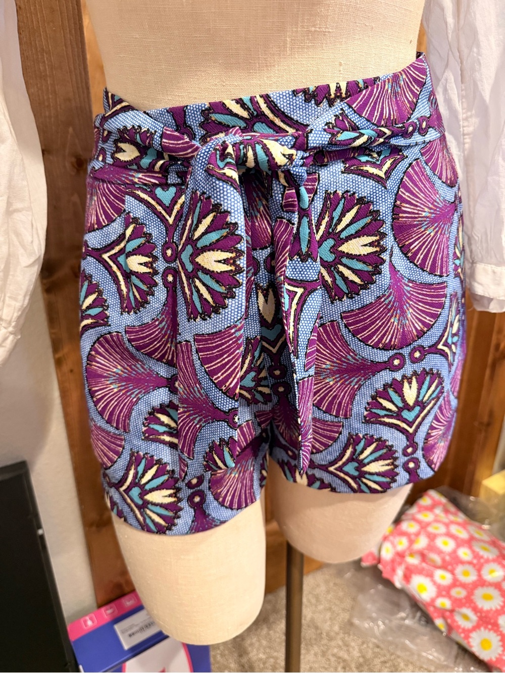 Zara Purple & Light Blue High-Waist Tie-Front Printed Shorts